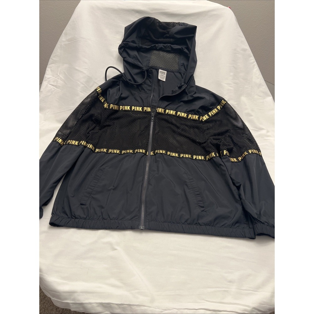 PINK Victoria's Secret Black Gold Logo Zip Mesh Hooded Windbreaker Jacket Sz M/L